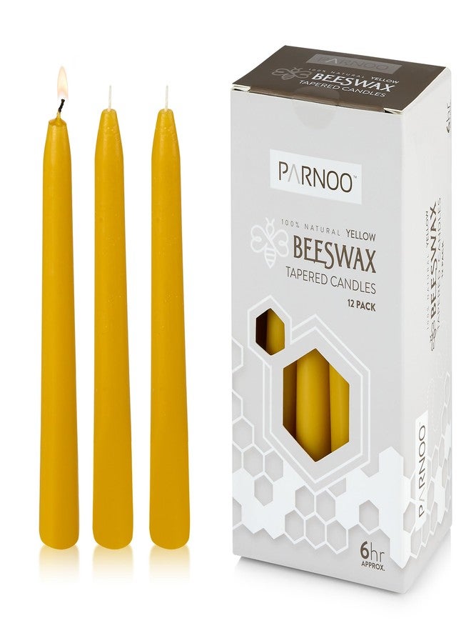 PARNOO 100% Natural Yellow Beeswax 7 Inch Tall Tapered Candles, 6 Hours Burn time - Pack of 12 (Dripless and Smokless) - Image 1